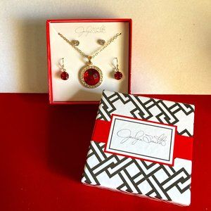 Jacqueline Smith Set Garnet Rhinestones Necklace Crystal Studs & Dangle Earrings